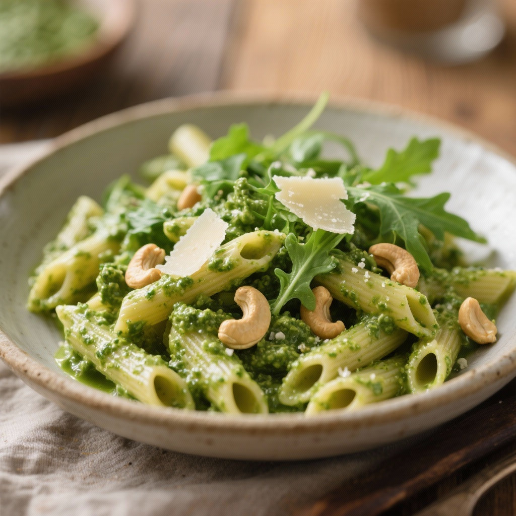 Pâtes complètes au pesto de roquette et noix de cajou