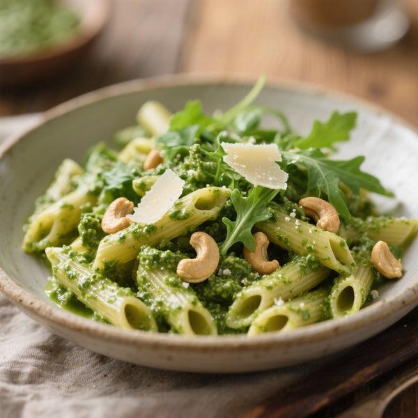 Pâtes complètes au pesto de roquette et noix de cajou